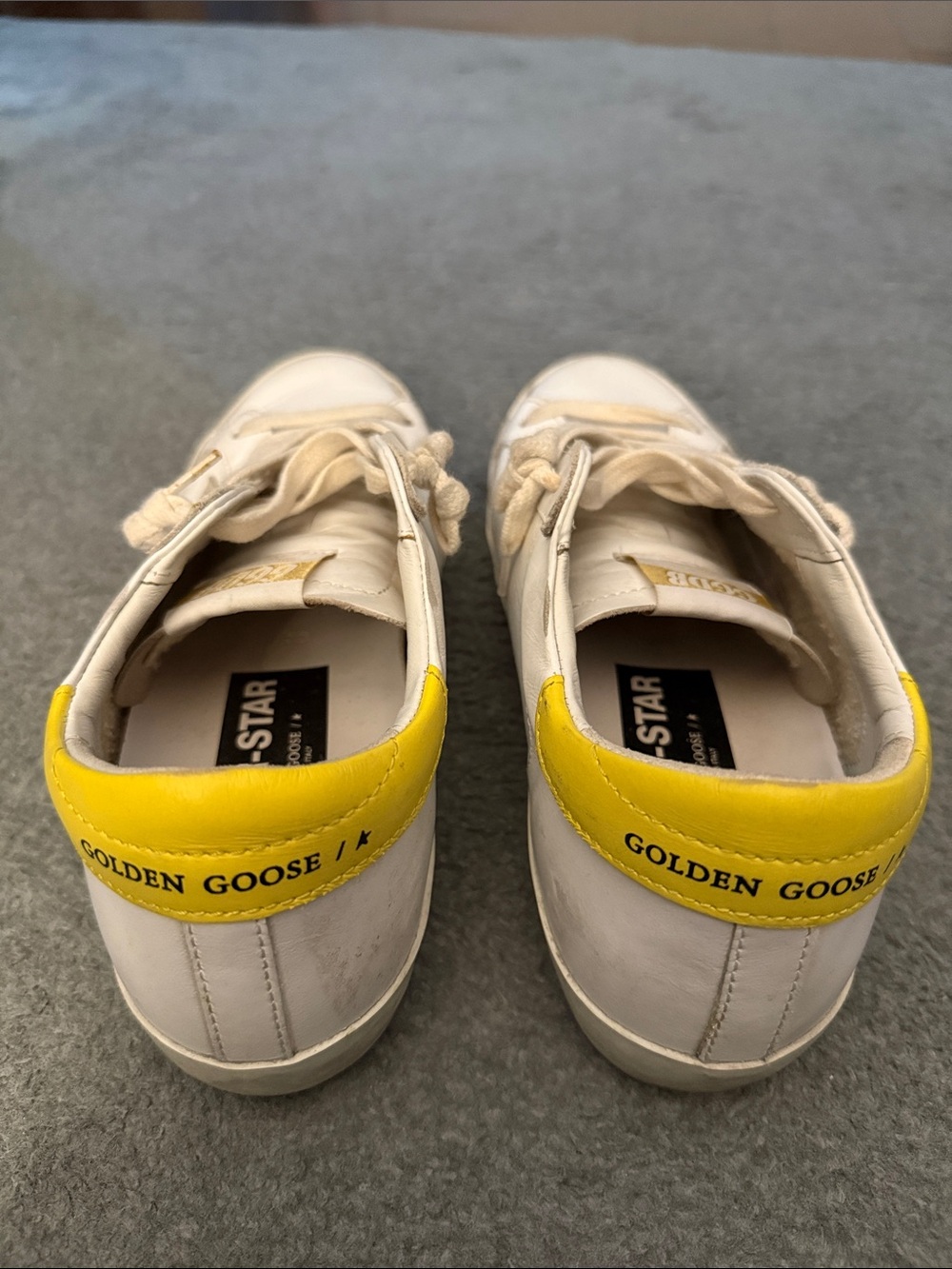 Golden Goose Super-Star Low Top White Sneakers with Yellow Heel Accent - Picture 3 of 5